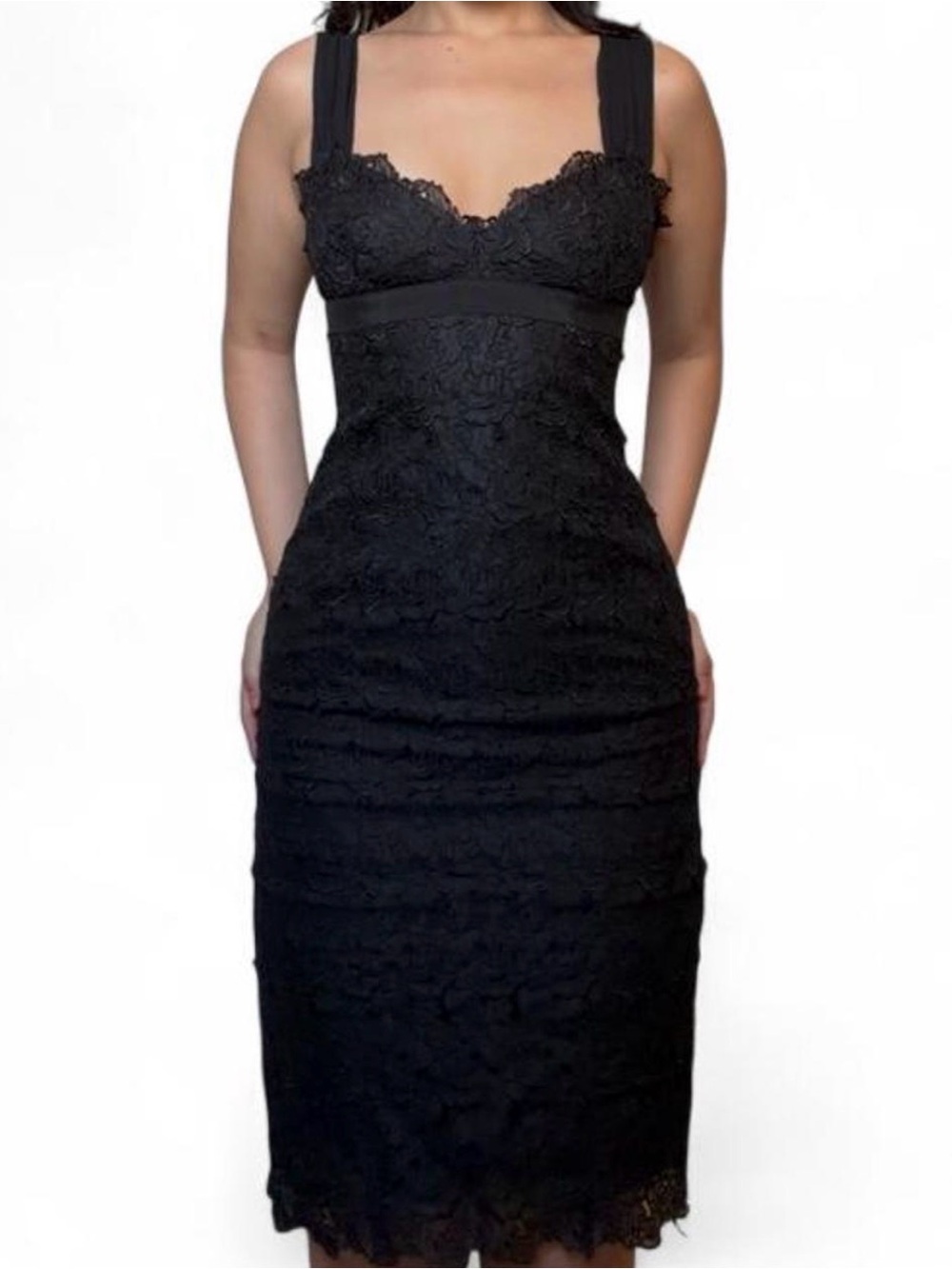 Nicole Miller Collection 100% Silk Black Lace Open Back Midi Dress Tagged size 4